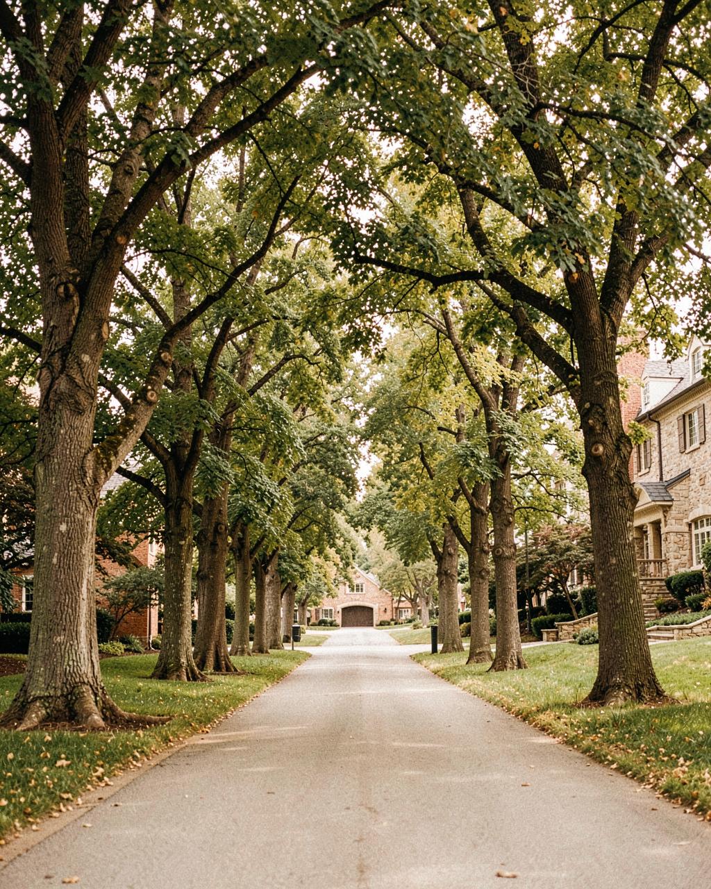 Tree-lined residential lane with mature hardwoods and a stone home