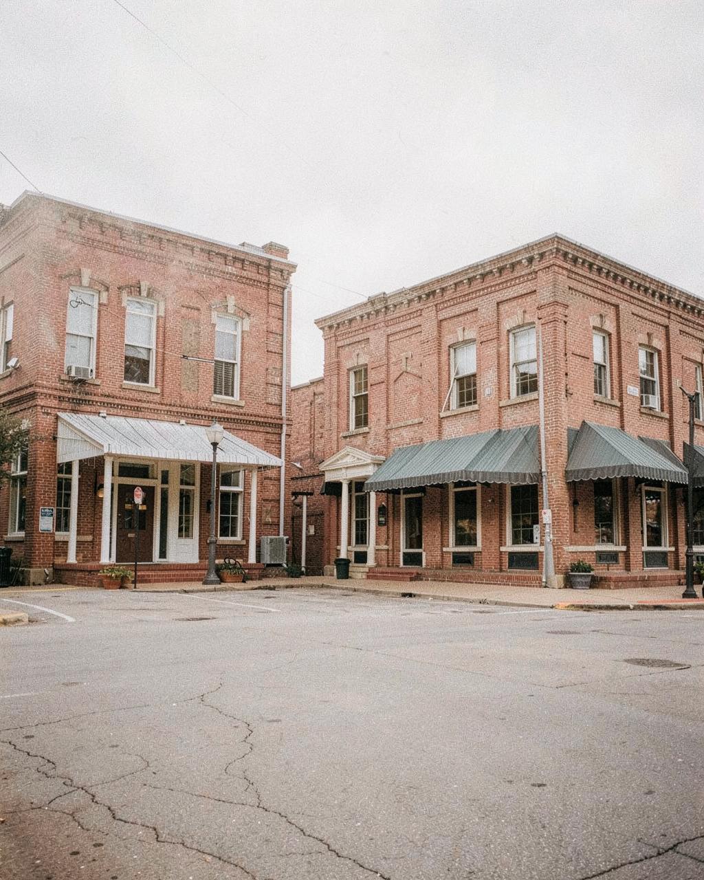Historic brick buildings on a small-town Tennessee courthouse square