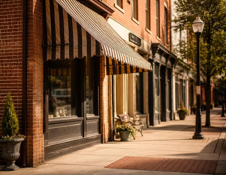 Historic brick storefronts along a small-town Middle Tennessee main street